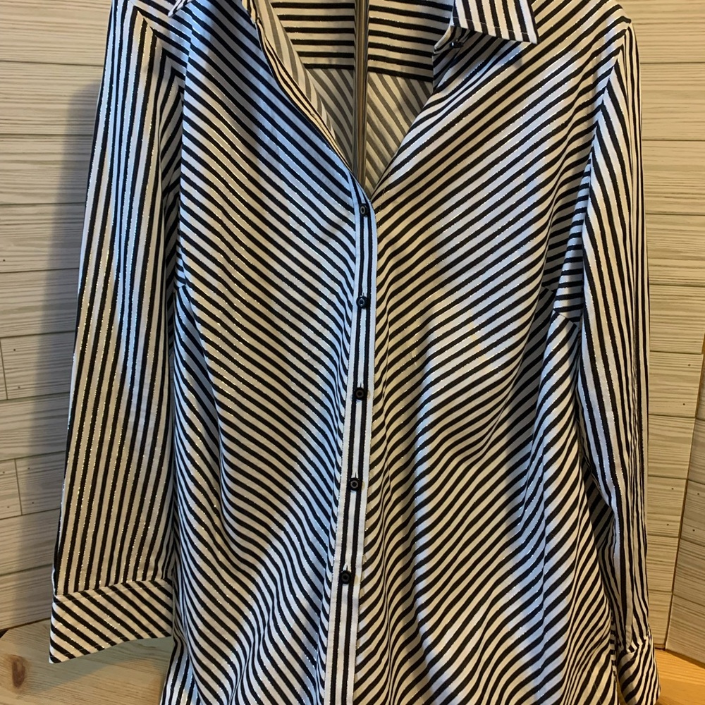 Jones New York Black and White Striped Button Down Shirt